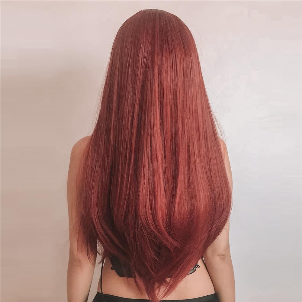HAIRCUBE firebrick red long wavy wig shown from the back with smooth, flowing strands