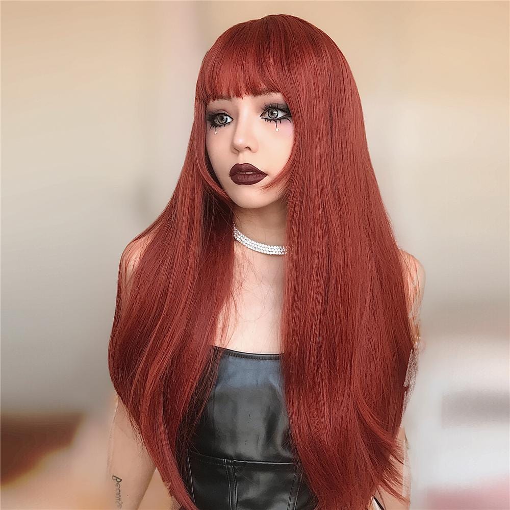 Firebrick red long wavy wig by HAIRCUBE on mannequin with straight bangs and shiny finish