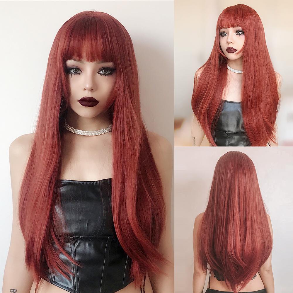 HAIRCUBE firebrick red long wavy wig with bangs styled on mannequin wearing black leather top