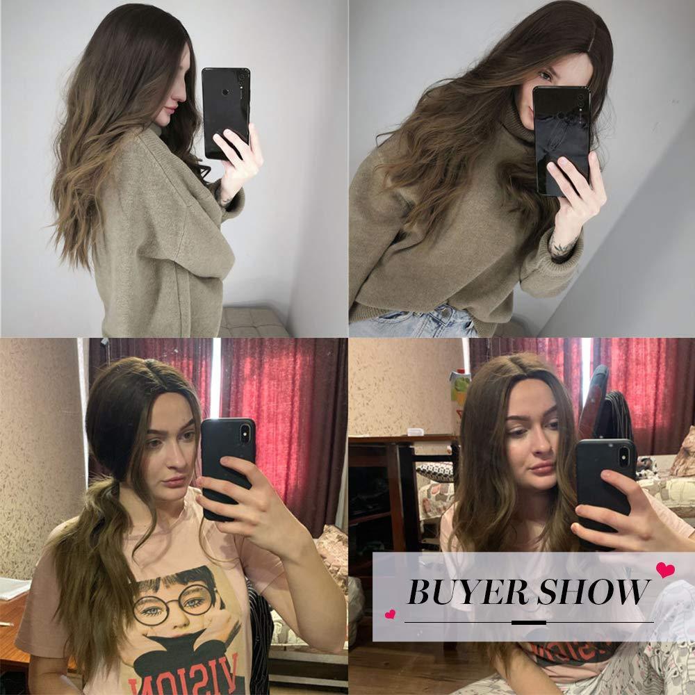 Ombre brown synthetic wig worn by woman showing natural wavy hair in different indoor settings