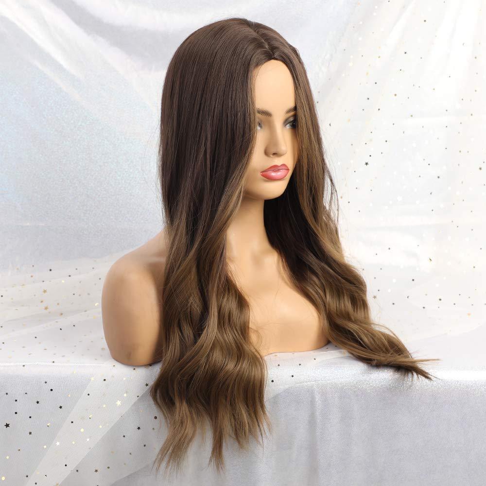 Alan ombre brown synthetic wig with long wavy hair on mannequin head