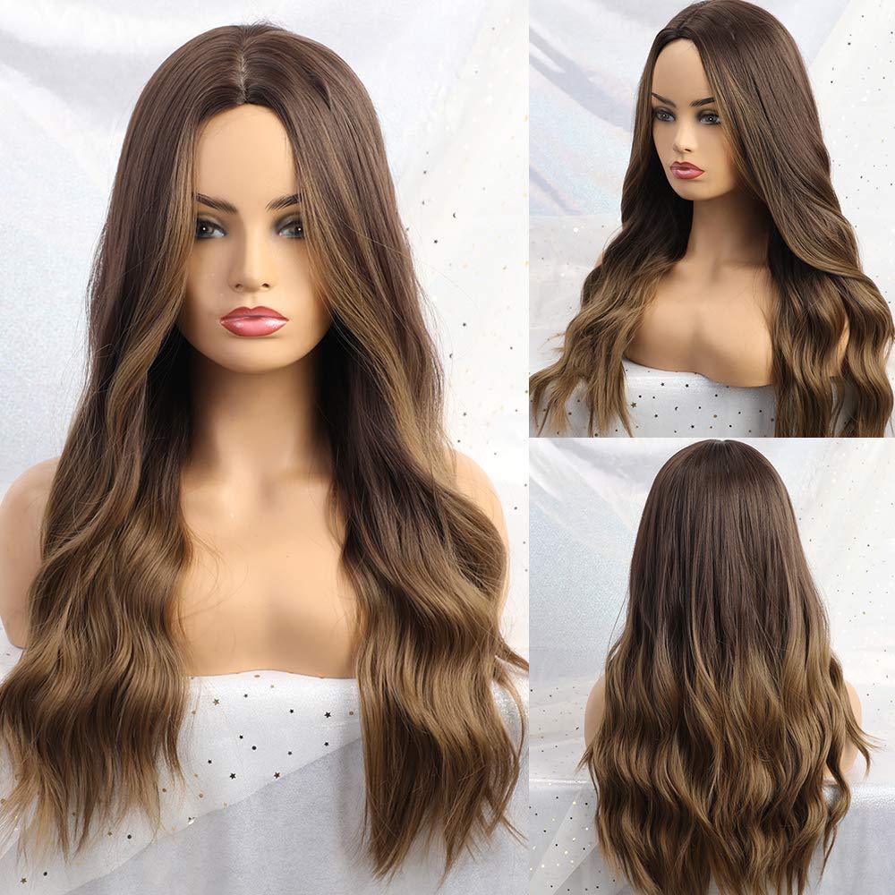 Alan ombre brown synthetic wig with long wavy hair styled on mannequin head