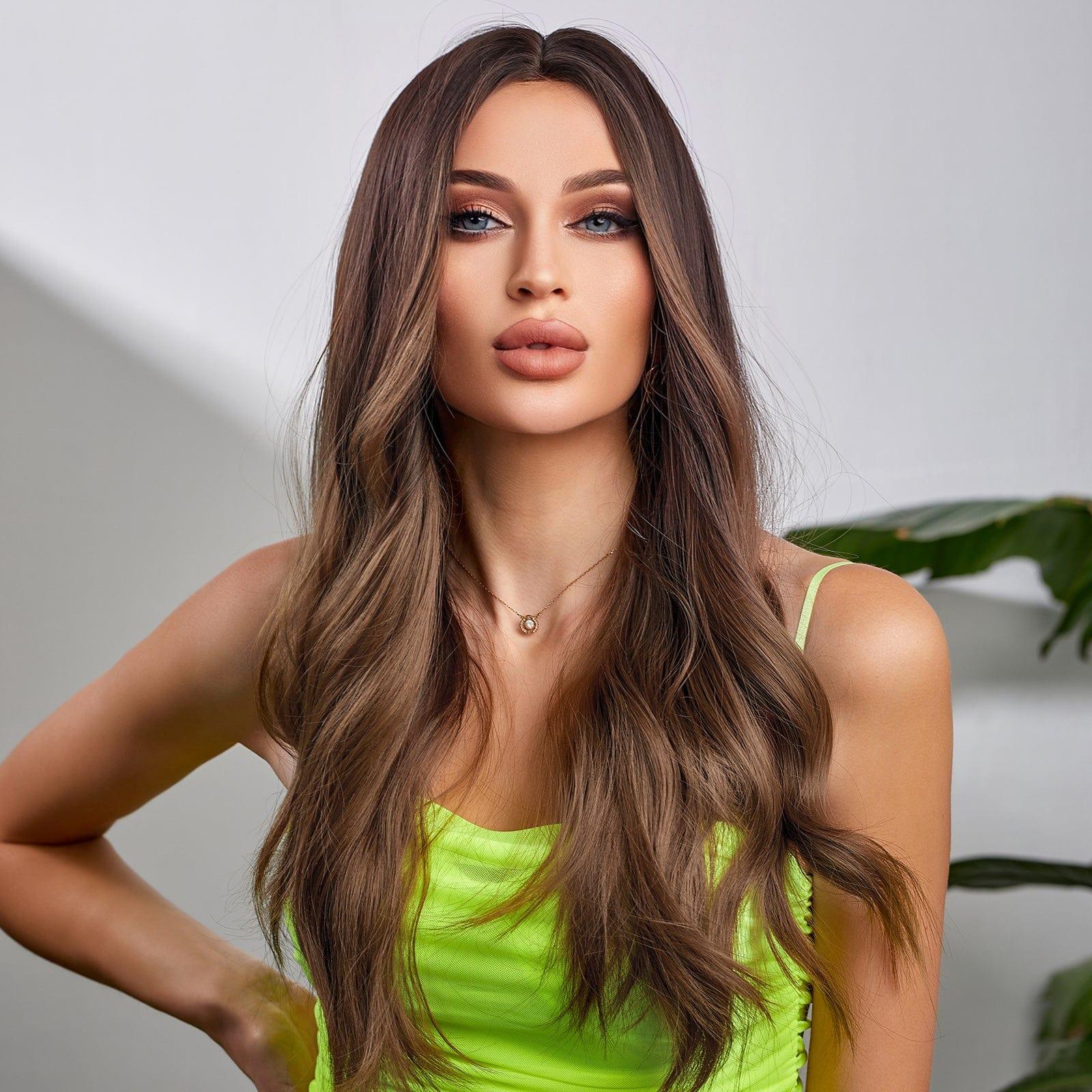 Alan ombre brown synthetic wig with long wavy hair styled on woman wearing neon green top