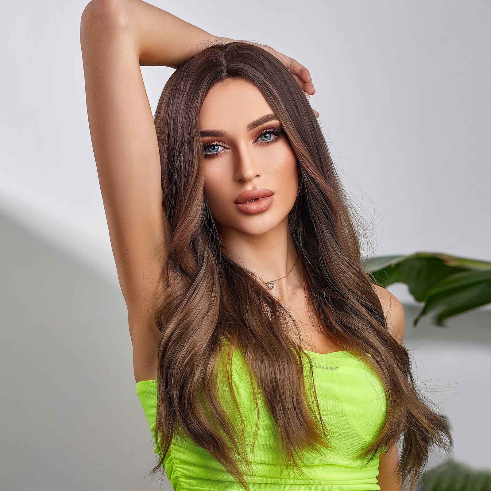 Woman wearing Alan ombre brown synthetic wig styled in loose waves with natural shine