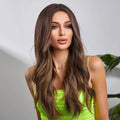 Alan ombre brown synthetic wig with long wavy hair styled on woman wearing a neon green top