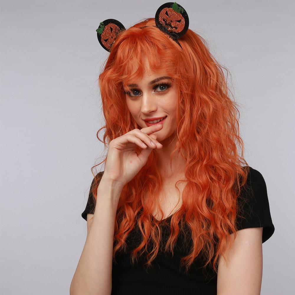 La Sylphide ginger red synthetic wig with long wavy hair styled with pumpkin headband