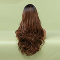 HAIRCUBE brown long curly gradient synthetic wigs for women displayed on mannequin