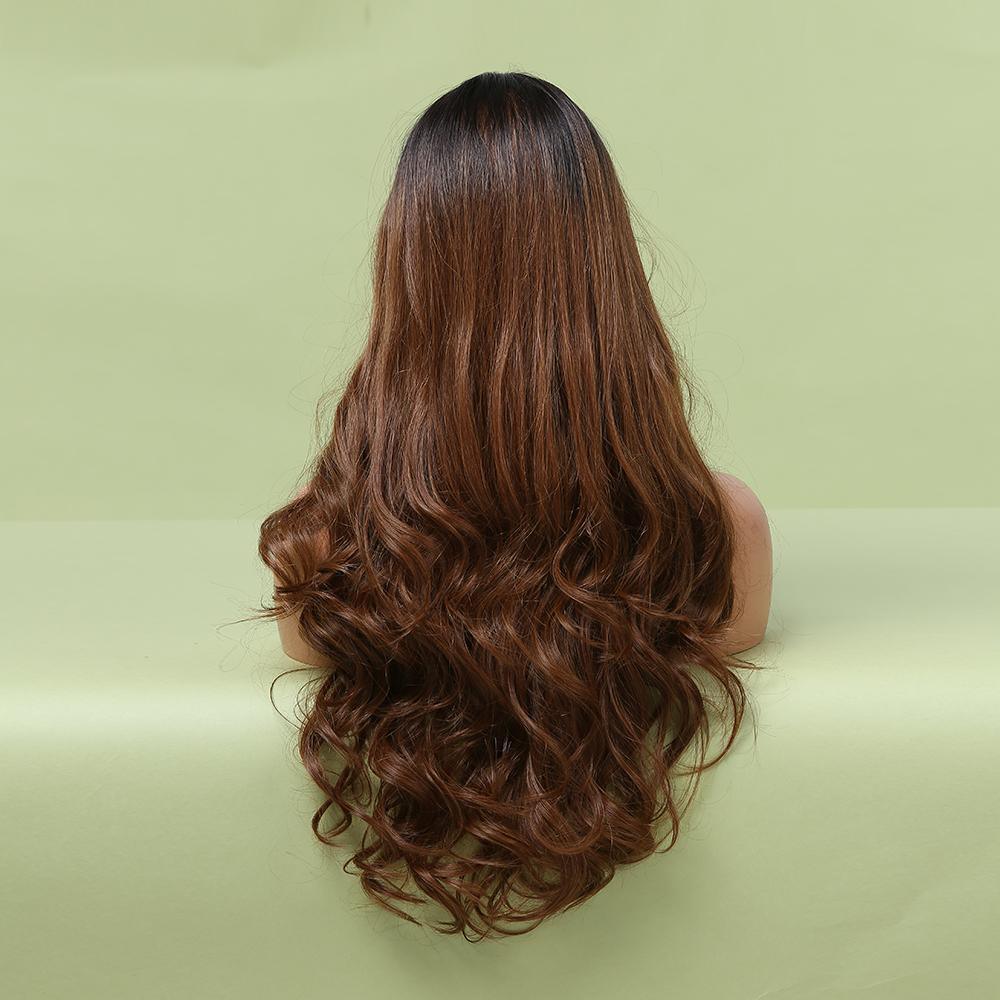 HAIRCUBE brown long curly gradient synthetic wigs for women displayed on mannequin