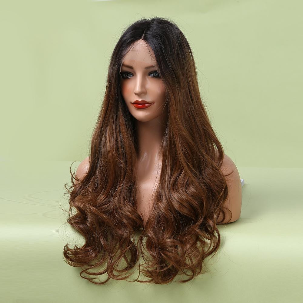HAIRCUBE gradient synthetic wigs for women with long curly brown hair and dark roots