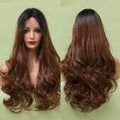 HAIRCUBE long brown gradient synthetic wigs for women with natural waves shown from front and back