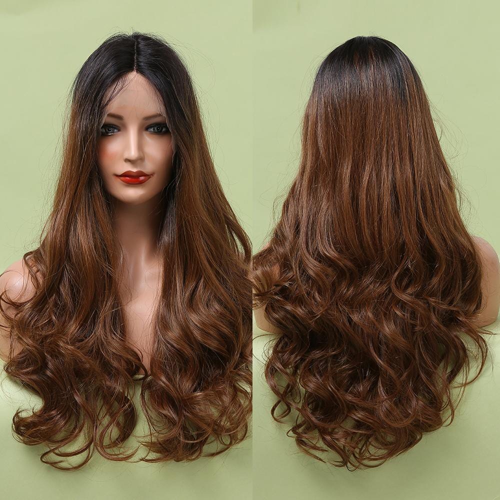 HAIRCUBE long brown gradient synthetic wigs for women with natural waves shown from front and back