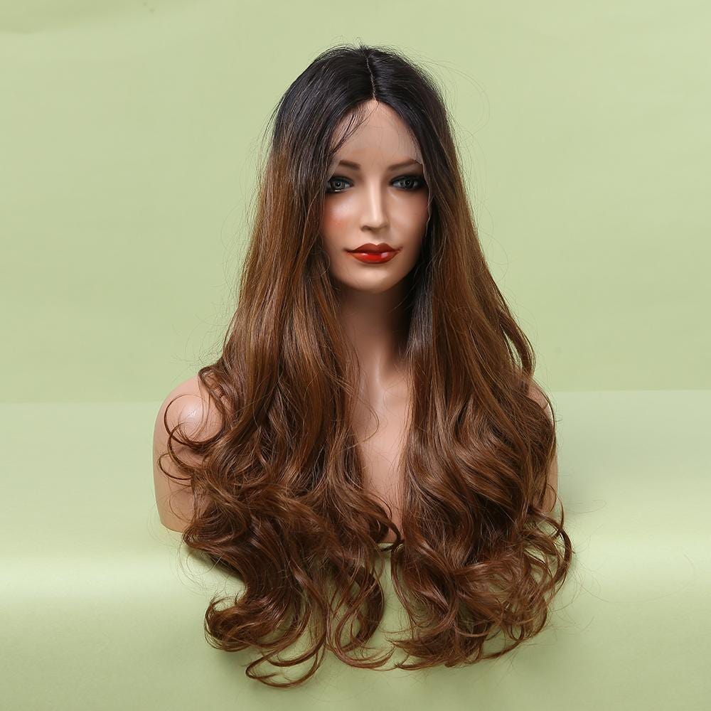 HAIRCUBE long brown gradient synthetic wigs for women with loose curls and dark roots