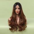 HAIRCUBE long brown to black gradient synthetic wigs for women with loose curls on mannequin