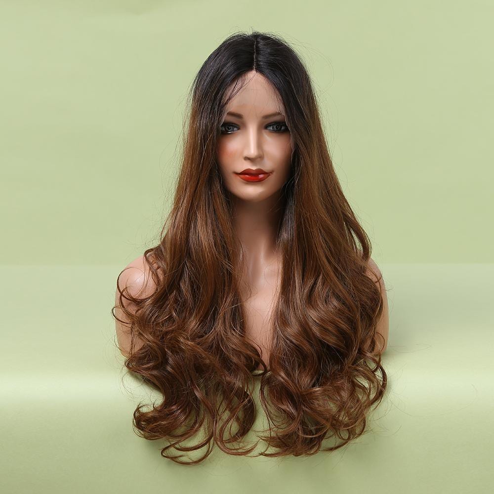 HAIRCUBE long brown to black gradient synthetic wigs for women with loose curls on mannequin