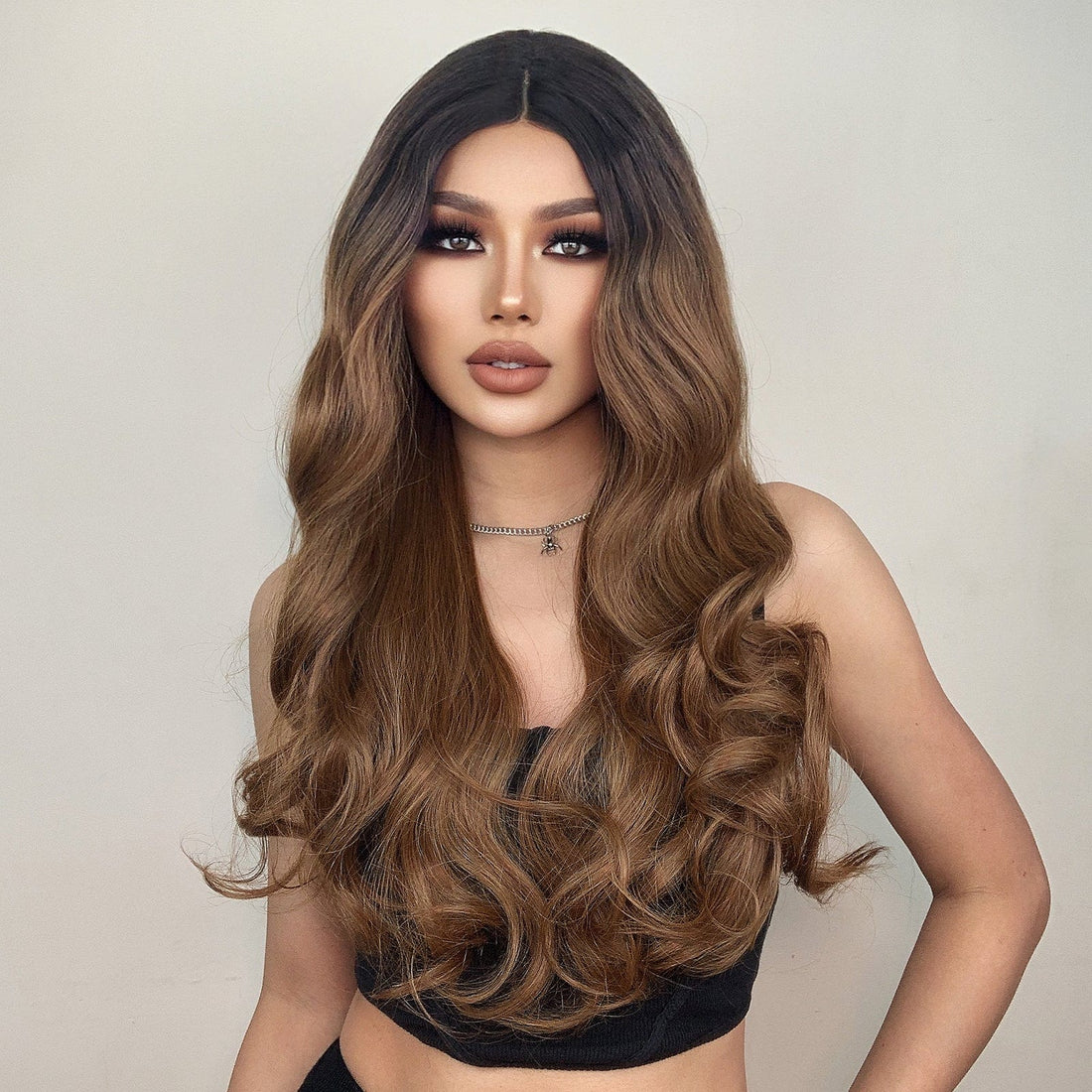 HAIRCUBE gradient synthetic wigs for women with long wavy black to brown ombre hair