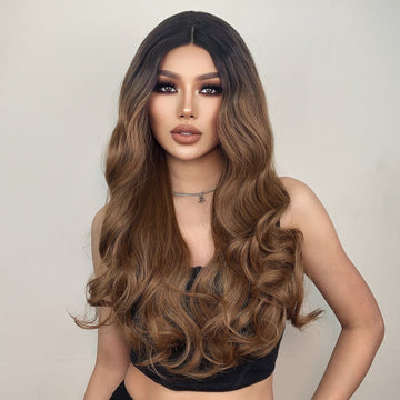 HAIRCUBE gradient synthetic wigs for women with long wavy black to brown ombre hair