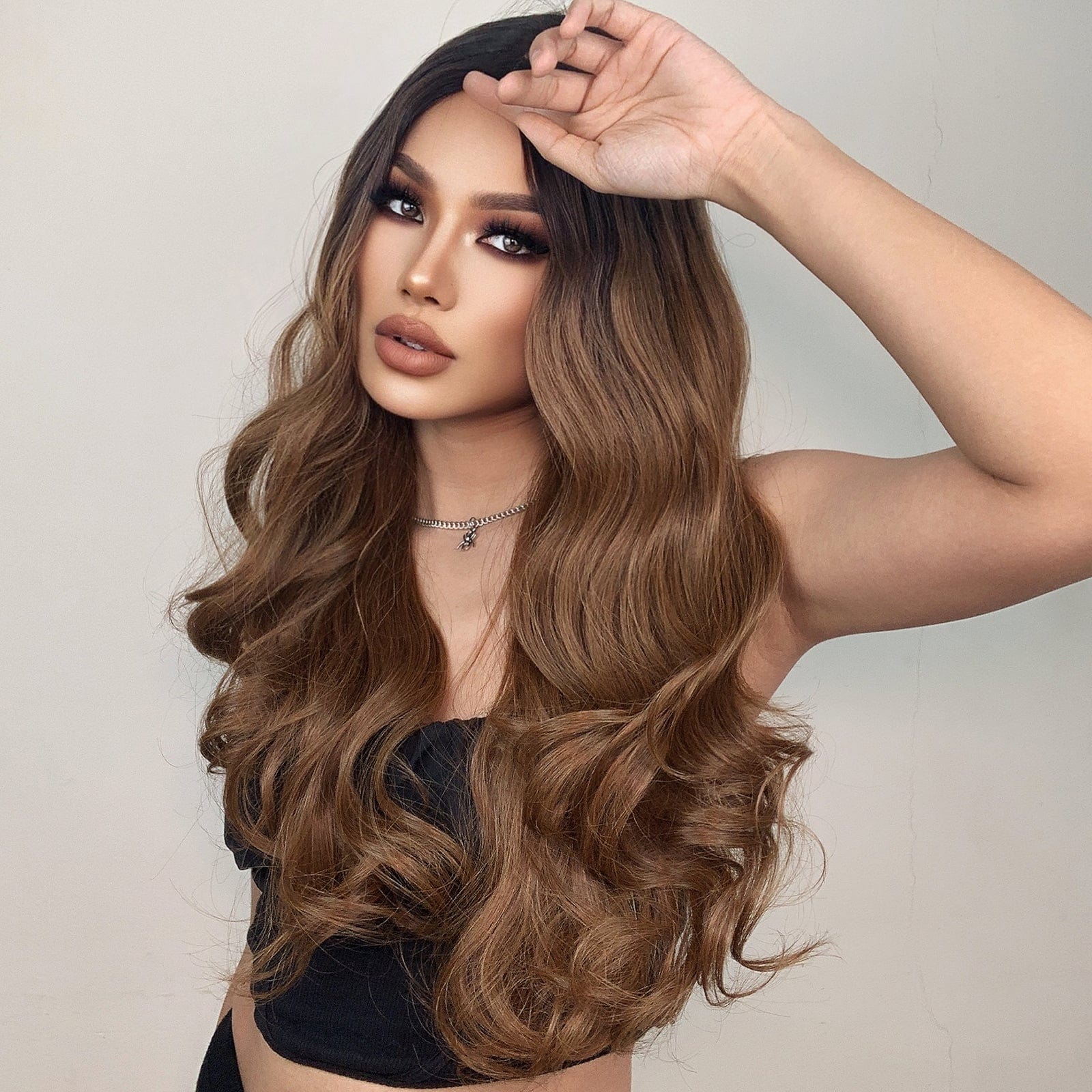 HAIRCUBE gradient synthetic wigs for women with long wavy brown hair and dark roots