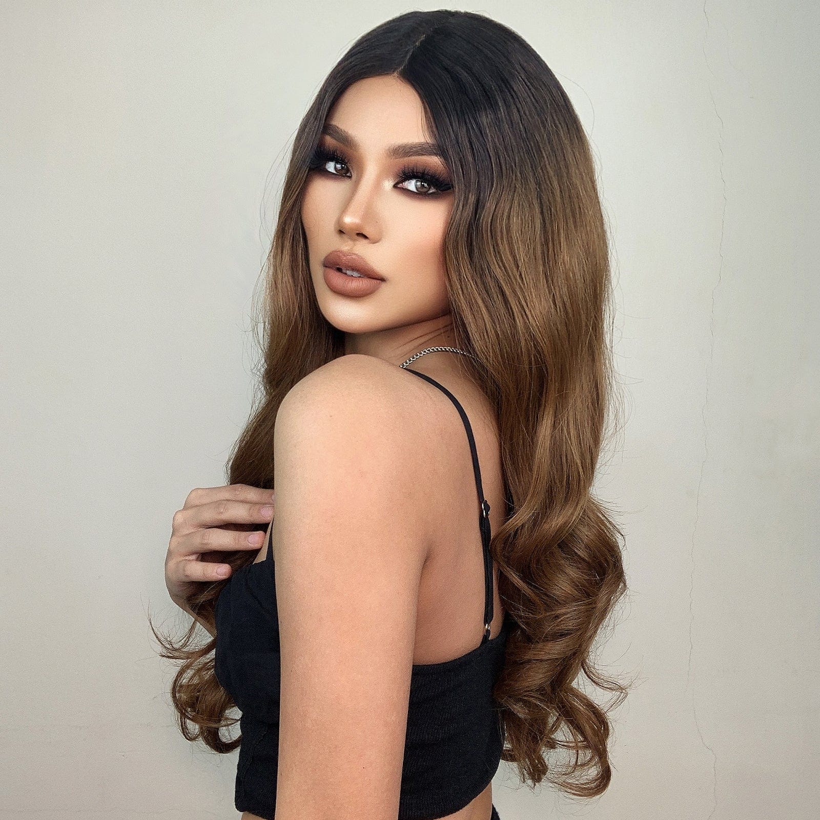 HAIRCUBE gradient synthetic wigs for women with long wavy brown hair and black roots