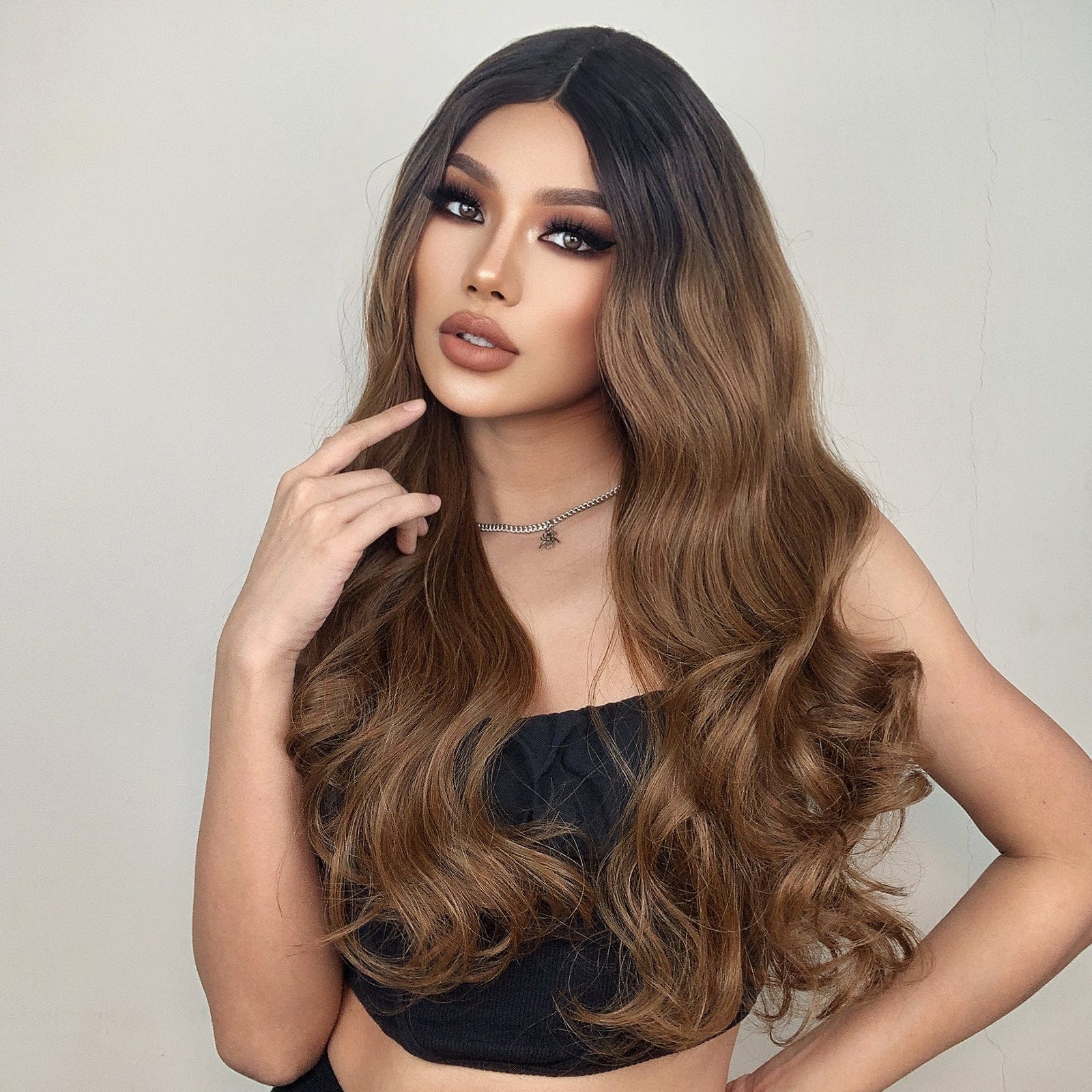 HAIRCUBE long gradient synthetic wigs for women with dark roots and loose brown curls