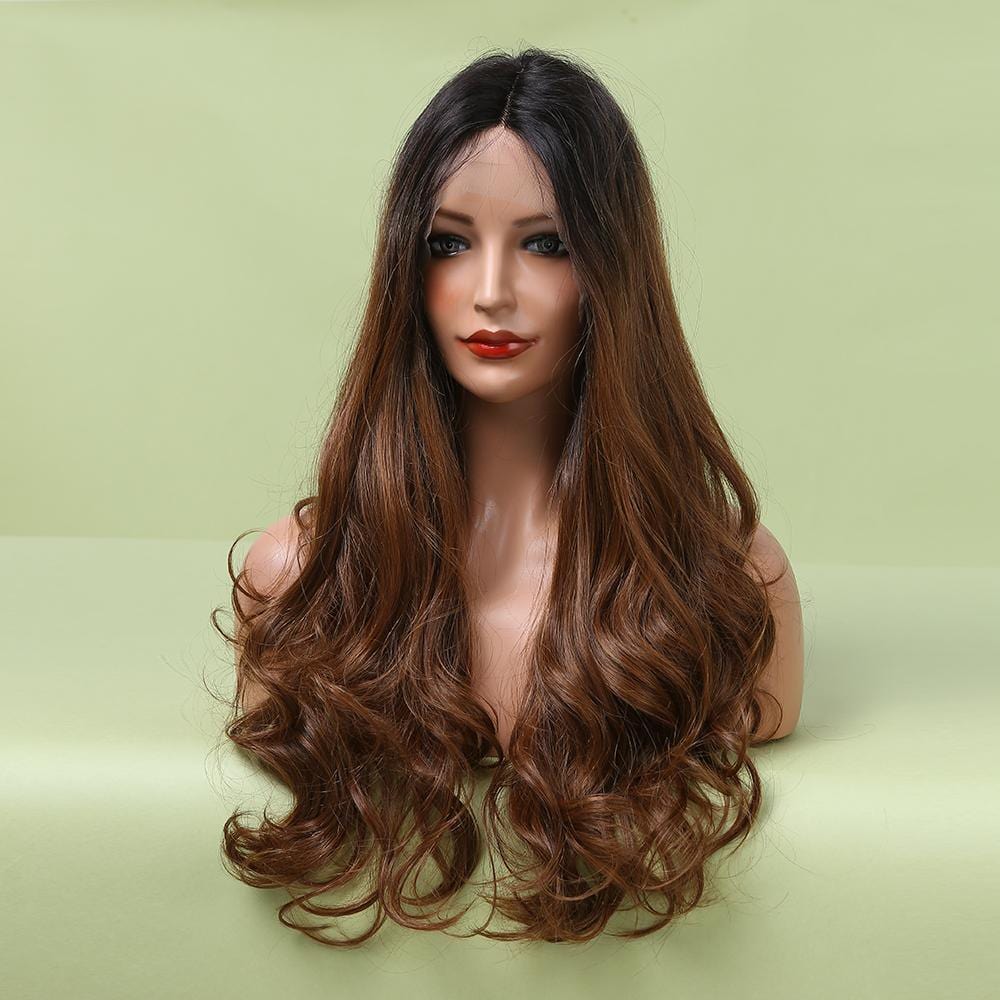 HAIRCUBE gradient synthetic wigs for women long brown curly hair with dark roots on mannequin