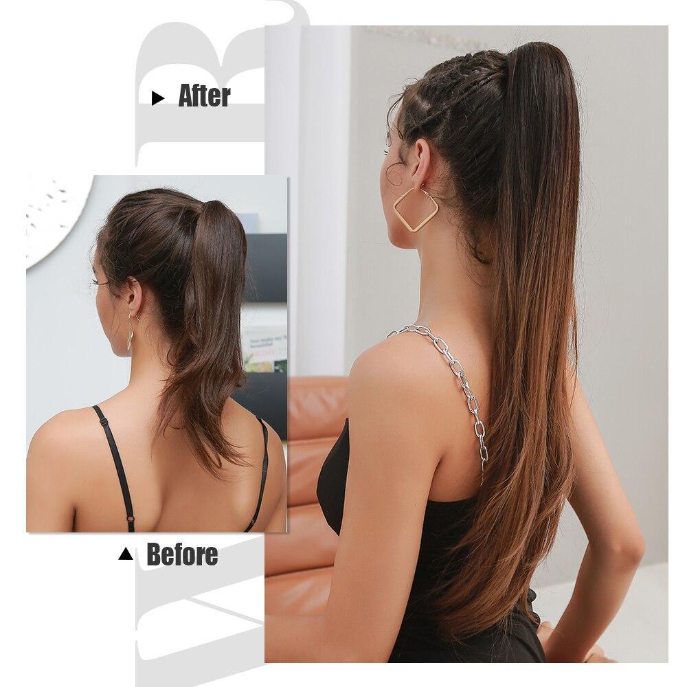 Before and after hairstyle transformation using 28 inch claw clip ponytail by HAIRCUBE for long, sleek hair