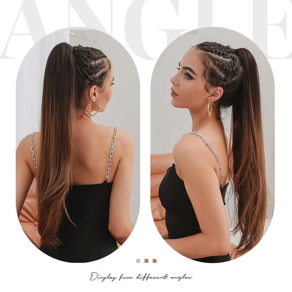 HAIRCUBE 28 inch claw clip ponytail worn by a woman with braided hair and gold hoop earrings