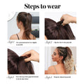 Step-by-step guide to wear a 28 inch claw clip ponytail showing tying, clipping, pressing, and final adjusted look