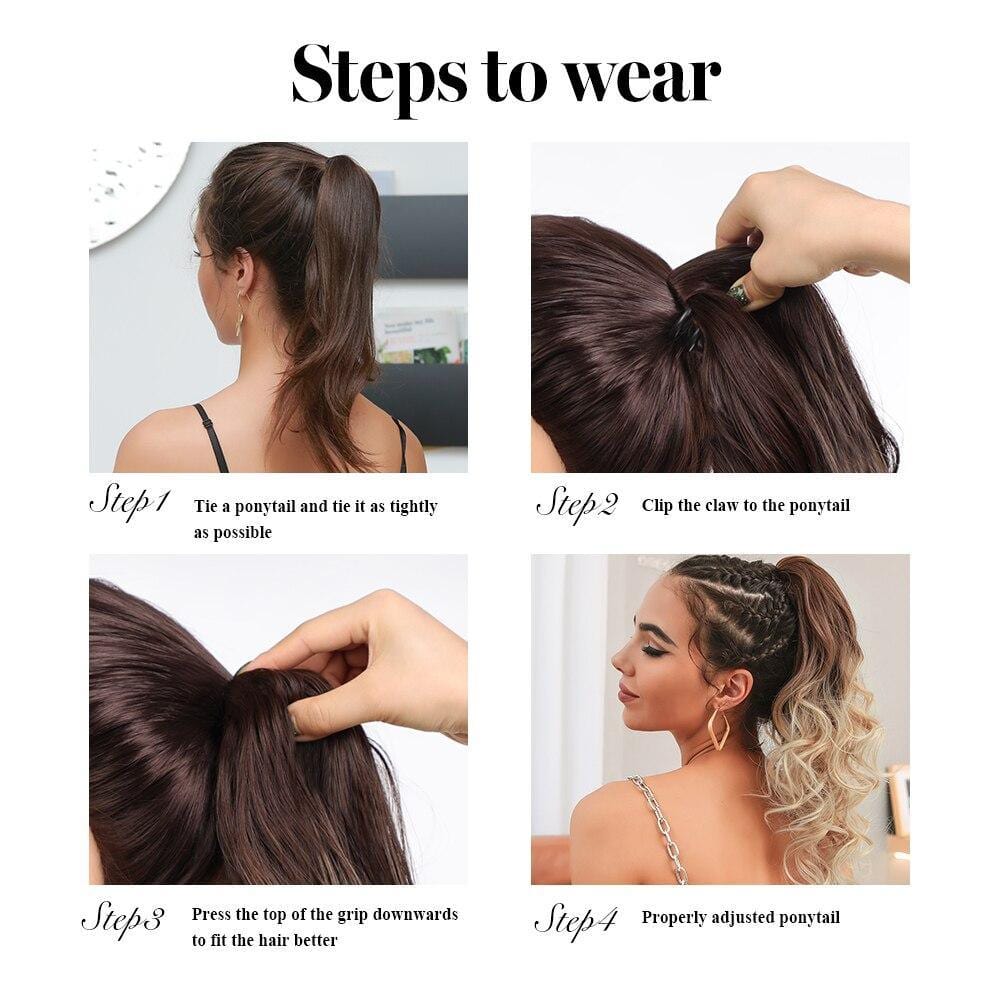 Step-by-step guide to wear a 28 inch claw clip ponytail showing tying, clipping, pressing, and final adjusted look