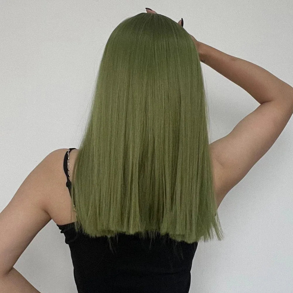 Back view of lime green synthetic wig by La Sylphide worn by a person with black sleeveless top
