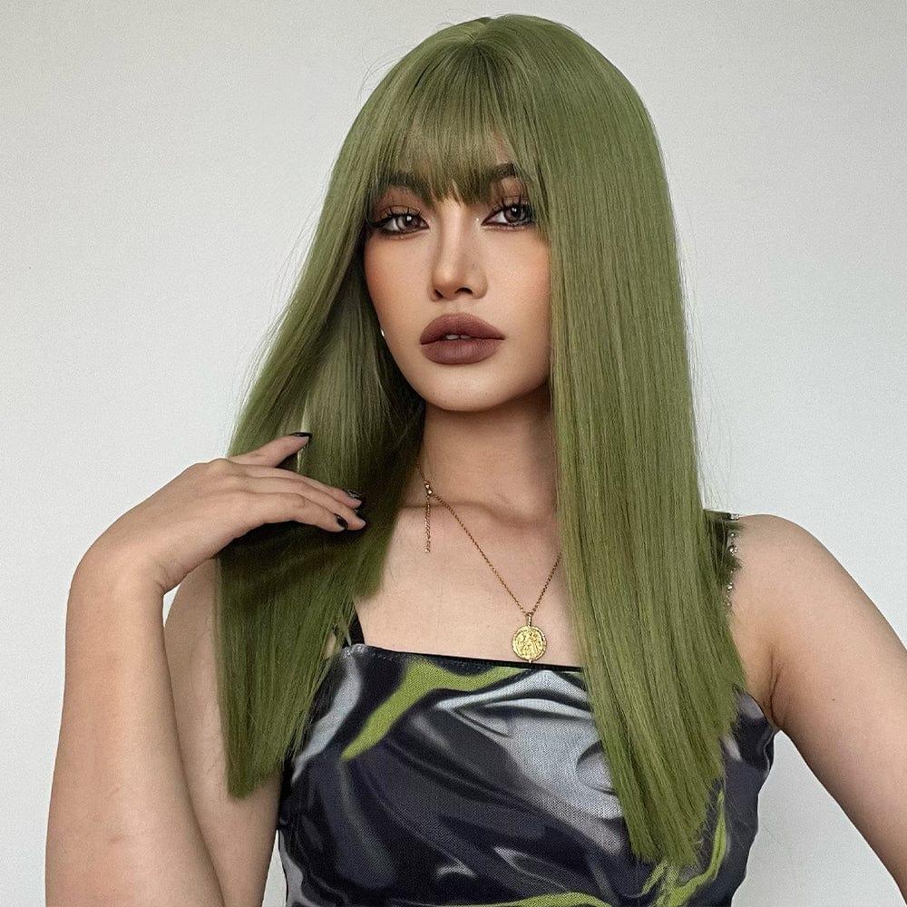La Sylphide lime green synthetic wig with straight long hair and bangs on female model