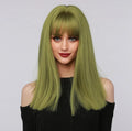 La Sylphide lime green synthetic wig with straight long hair and bangs on a model