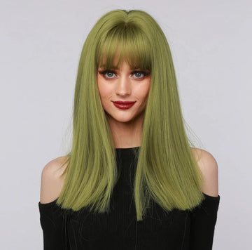 La Sylphide lime green synthetic wig with straight long hair and bangs on a model