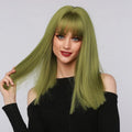 La Sylphide lime green synthetic wig with straight long hair and bangs worn by woman