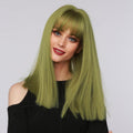 La Sylphide lime green synthetic wig with straight hair and bangs styled on a model