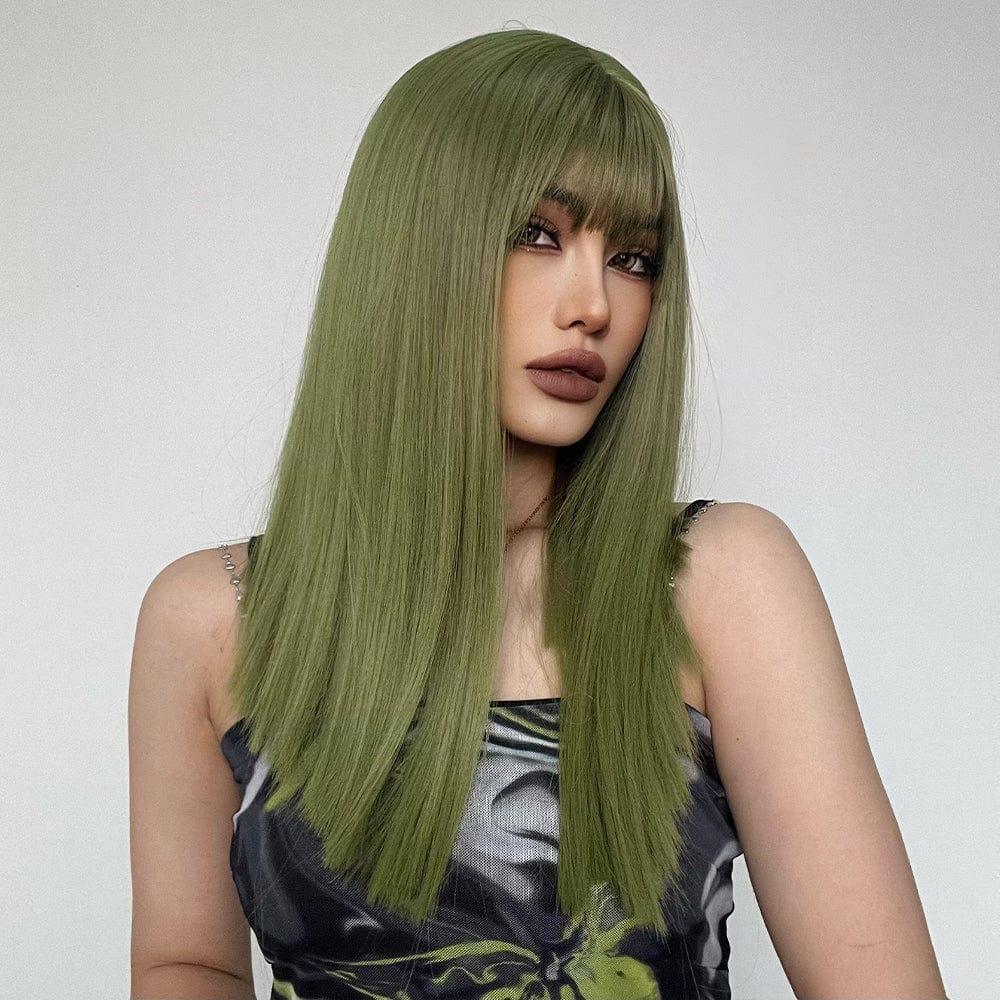 La Sylphide lime green synthetic wig straight long hair with bangs on woman model