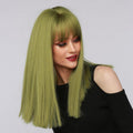 La Sylphide lime green synthetic wig with straight long hair and blunt bangs on model