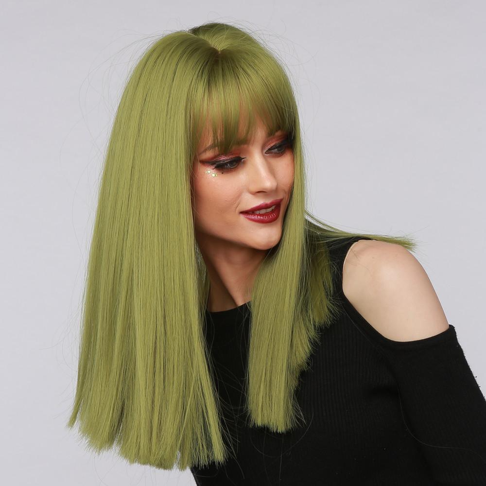 La Sylphide lime green synthetic wig with straight long hair and blunt bangs on model