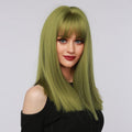 La Sylphide lime green synthetic wig with straight hair and bangs on woman wearing black top