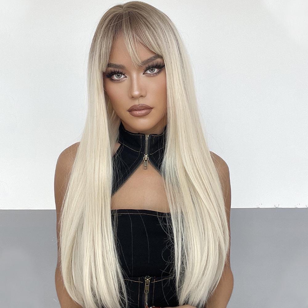 HAIRCUBE long straight synthetic wig with bangs in platinum blonde worn by model