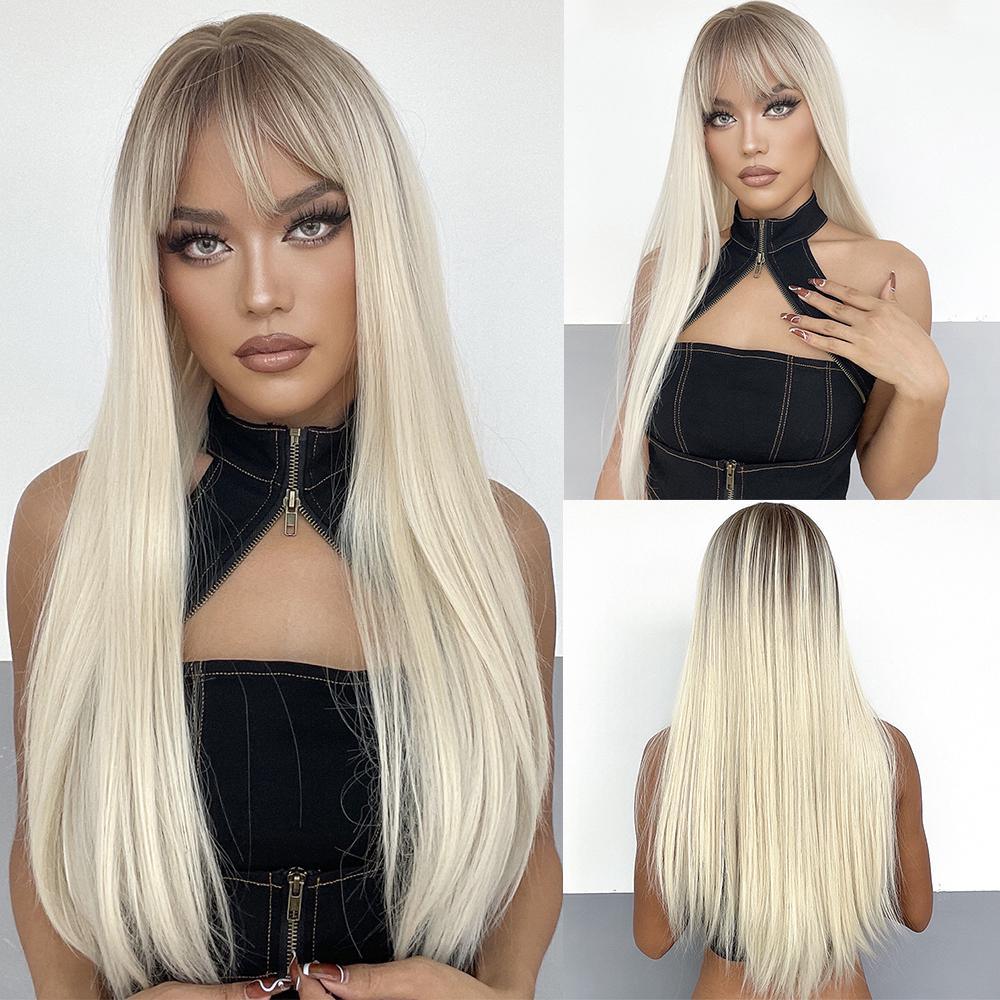 HAIRCUBE long straight synthetic wig with bangs in blonde shown from front and back views