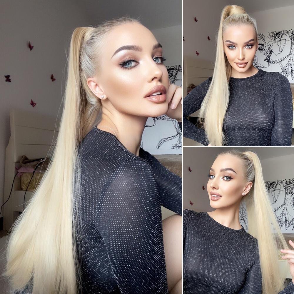 Woman wearing a long synthetic ponytail extension with straight blonde hair styled in a high ponytail
