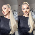 Woman wearing Alan long synthetic ponytail extension in blonde with sleek high ponytail hairstyle