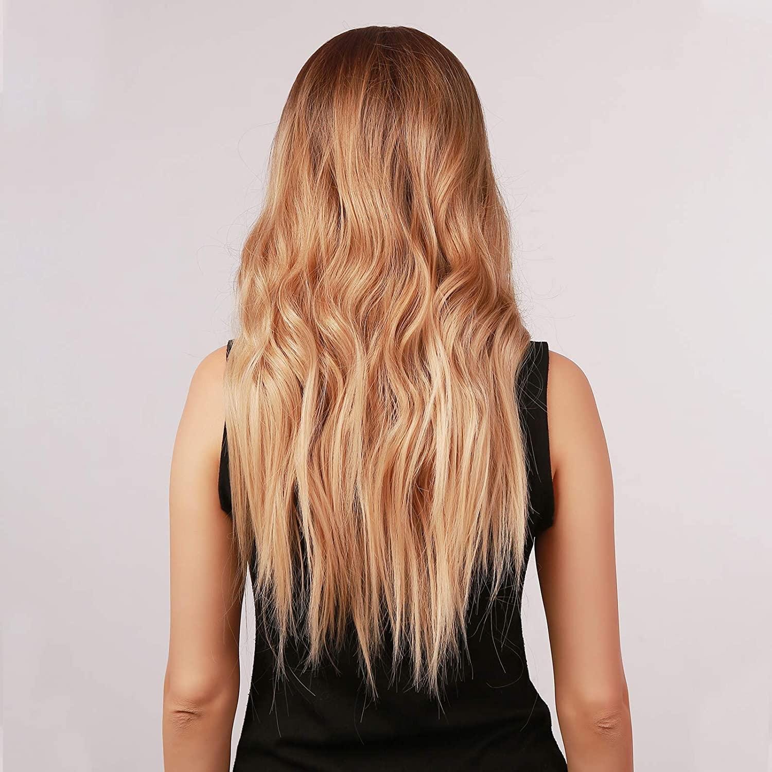 HAIRCUBE long wavy brown to ash blonde wig shown from the back on a model wearing a black top