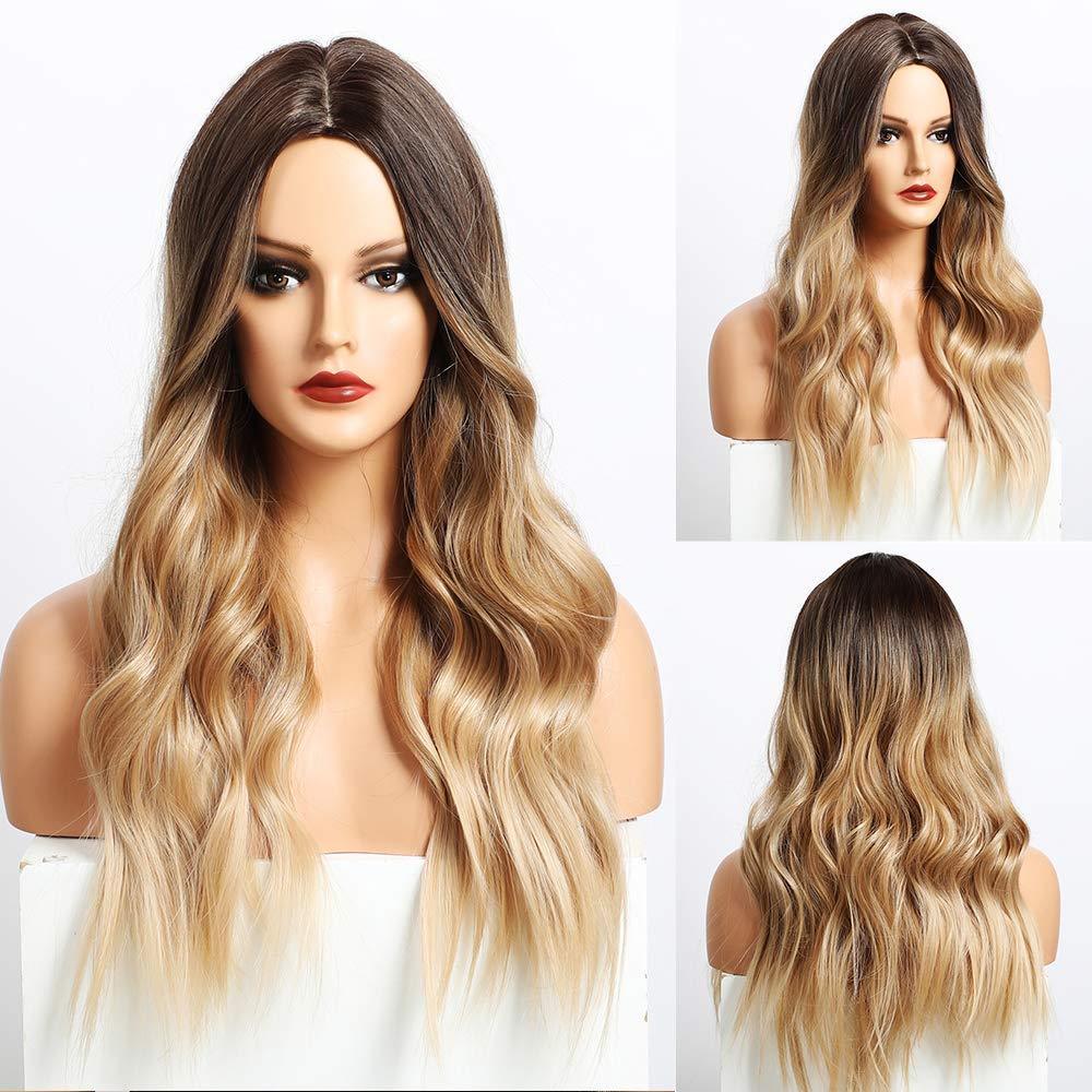 HAIRCUBE long wavy brown to ash blonde wig with natural wave and gradient color on mannequin