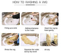 Step-by-step guide showing how to wash a long wavy brown to ash blonde wig by hand with shampoo and air dry