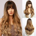 HAIRCUBE long wavy synthetic wig with bangs in ombre brown shades displayed on model and mannequin