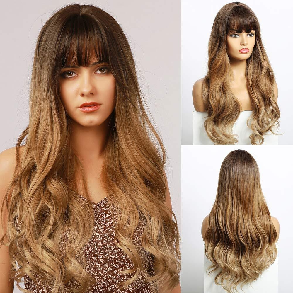 HAIRCUBE long wavy synthetic wig with bangs in ombre brown shades displayed on model and mannequin