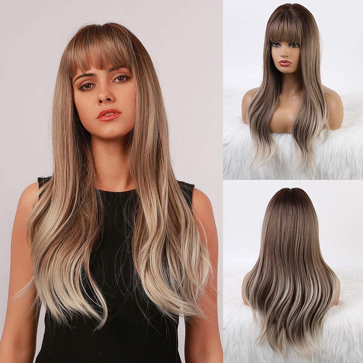 HAIRCUBE long wavy synthetic wig with bangs in brown to blonde ombre style shown on model and mannequin
