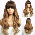 HAIRCUBE long wavy synthetic wig with bangs in ombre brown to blonde style on mannequin