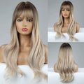 HAIRCUBE long wavy synthetic wig with bangs in blonde ombre style displayed from front and back